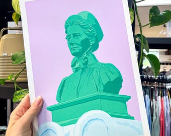 Lámina artística de la estatua de Edith Cavell en Norwich, ilustración de la ciudad británica, monumento de la catedral de Norwich.