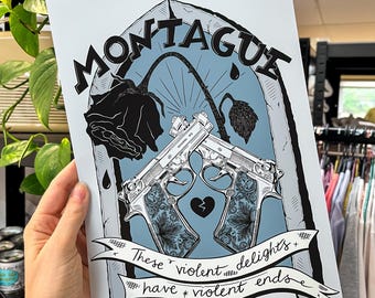 Lámina de romance oscuro - Montague - Arte mural alternativo estilo tatuaje. Obra de arte dibujada a mano por un artista.