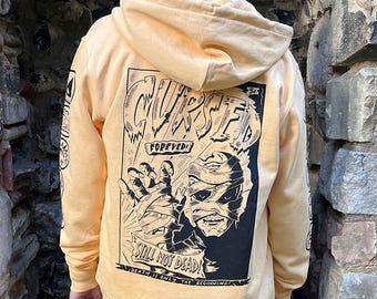 Sudadera con capucha de la Momia Maldita por Siempre: Estampado de terror retro, detalles bordados