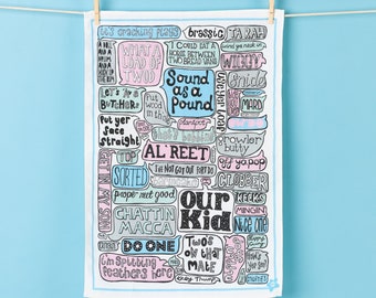 Theedoek Mancunian Slang – grappig Manchester keukendecor
