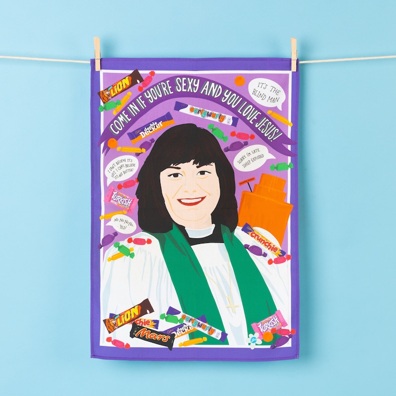 May include: A purple and white tea towel featuring a smiling illustration of a woman in a clerical collar and green stole. The towel is decorated with candy bars and speech bubbles with text that reads "Come in if you're sexy and you love Jesus!"
