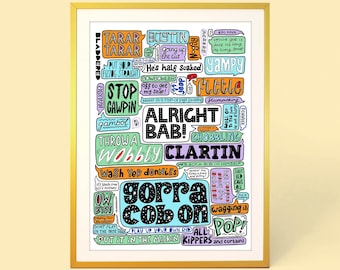 Lámina con refranes de la región de Black Country de Birmingham, divertida tipografía mural de West Midlands