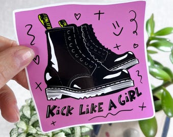 Pegatina de vinilo "Kick Like a Girl". Botas punk, indignación feminista.