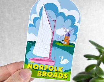 Pegatina de vinilo de Norfolk Broads, barcaza, molino de viento fluvial, paisaje de cisnes