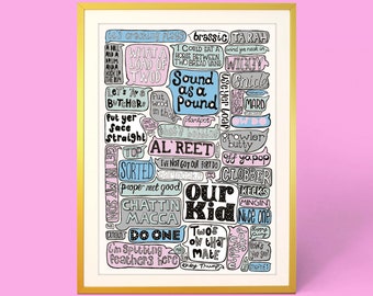 Manchester print funny wall art. Poster of fun Manchester sayings and fun quotes from Up North. Great Manchester gift.