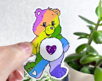 Rainbow Care Bear Vinyl Sticker, Glittery Heart, 80s Nostalgia
