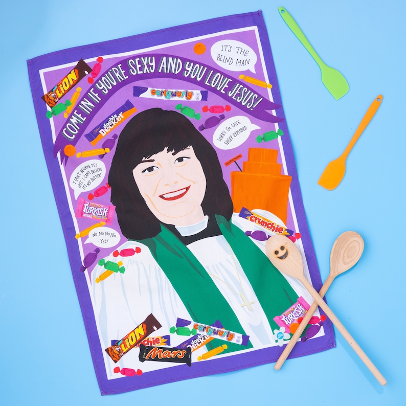 May include: A purple and white tea towel with a portrait of a woman in a clerical collar, surrounded by candy bar wrappers and text. The text reads "COME IN IF YOU'RE SEXY AND YOU LOVE JESUS!" and other phrases. Two wooden spoons and two silicone spatulas are also in the image.