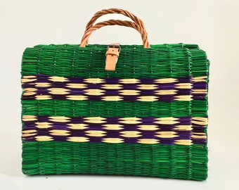 Portuguese Reed Basket Bag - Douro - Green and Purple  | Wood & Cotton Co.