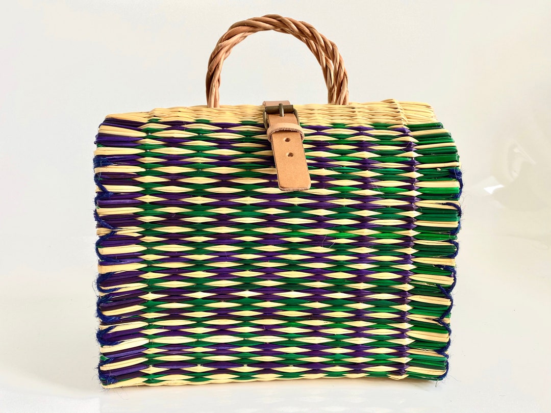 Portuguese Reed Basket Bag Sado Stripped Green and Purple Etsy