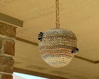 Mock hornet nest, crochet hornet nest, mock wasp nest, crocheted wasp nest, garden decor, outdoor decor, crocheted decor, hornet deterrent