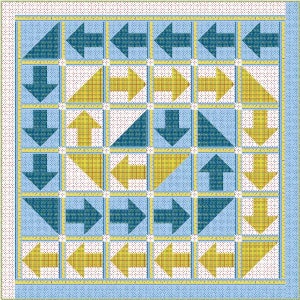 May include: A blue and yellow patterned square with arrows pointing in different directions. The arrows are arranged in a grid pattern.