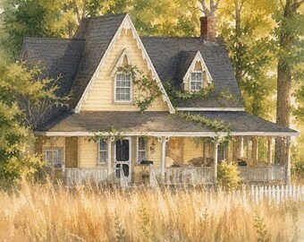 Cozy Country Cottage Wall Art, Rustic Fall Landscape Painting, Vintage Home Decor Printable, Avonlea