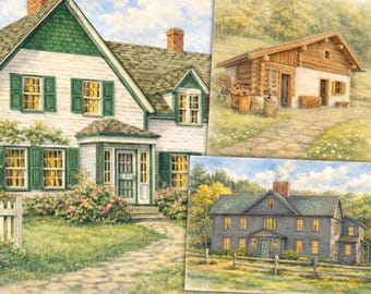 Storybook Cottage Art Prints | Watercolor Farmhouse Landscape (Digital Download)