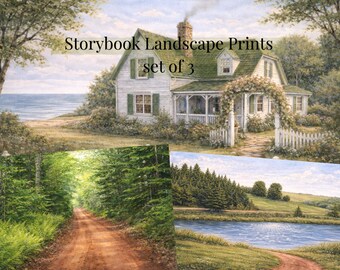 Storybook Landscape Prints Set | Coastal Cottage, River, Forest (Digital Download)