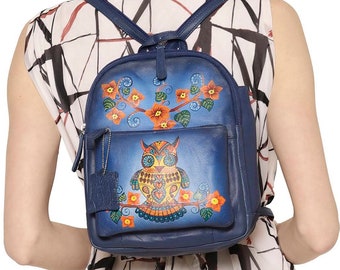 Mini plecak damski, skórzany plecak, ręcznie malowana miękka skórzana torba, mały plecak miejski, dzieło sztuki sowy, torba weekendowa, luksusowy unisex