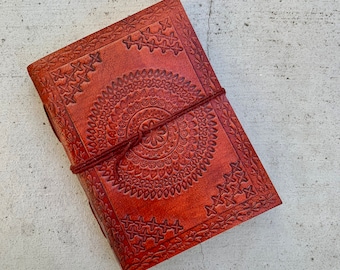 Leather Journal with Rope Closure - Mandala Handmade / recycled Cotton Paper, Antique Style Rugged Diary Yoga Meditation Gift