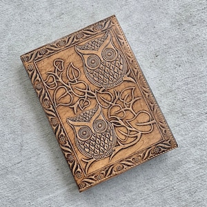 Refillable Leather Journal -  Twin Owls Notebook, Vintage Style Rugged Diary, Gift for Wife