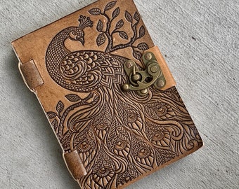 Rustic Leather Journal - Lovely Peacock, Handmade / recycled Paper - Gratitude Journal Gift