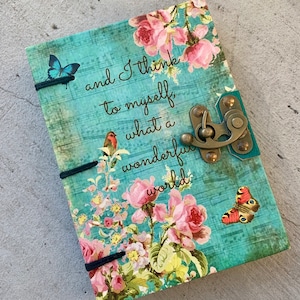 Hard Cover Journal - Boho Nature Butterflies, flowers, Clasp Lock Closure Antique Style recycled Paper, Cabin Guestbook