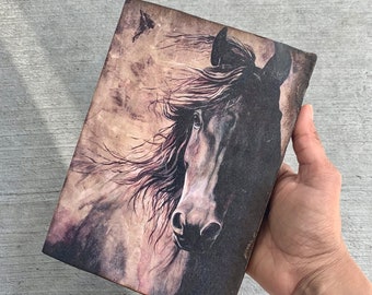 Vintage Horse Cover Travel Journal - Animal Rustic Book, Handmade / recycled Paper - Fire Burnt Edges