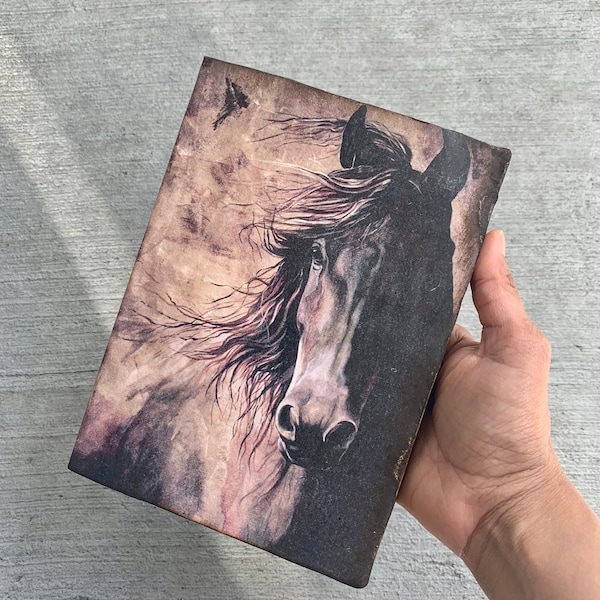 Vintage Horse Cover Travel Journal - Animal Rustic Book, Handmade / recycled Paper - Fire Burnt Edges