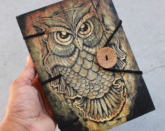 Handmade Hard Cover Owl Journal - Big Owls, Rope Closure Antique Style Ecofriendly Paper, Cabin Guestbook, Grimoire Book Of shadows