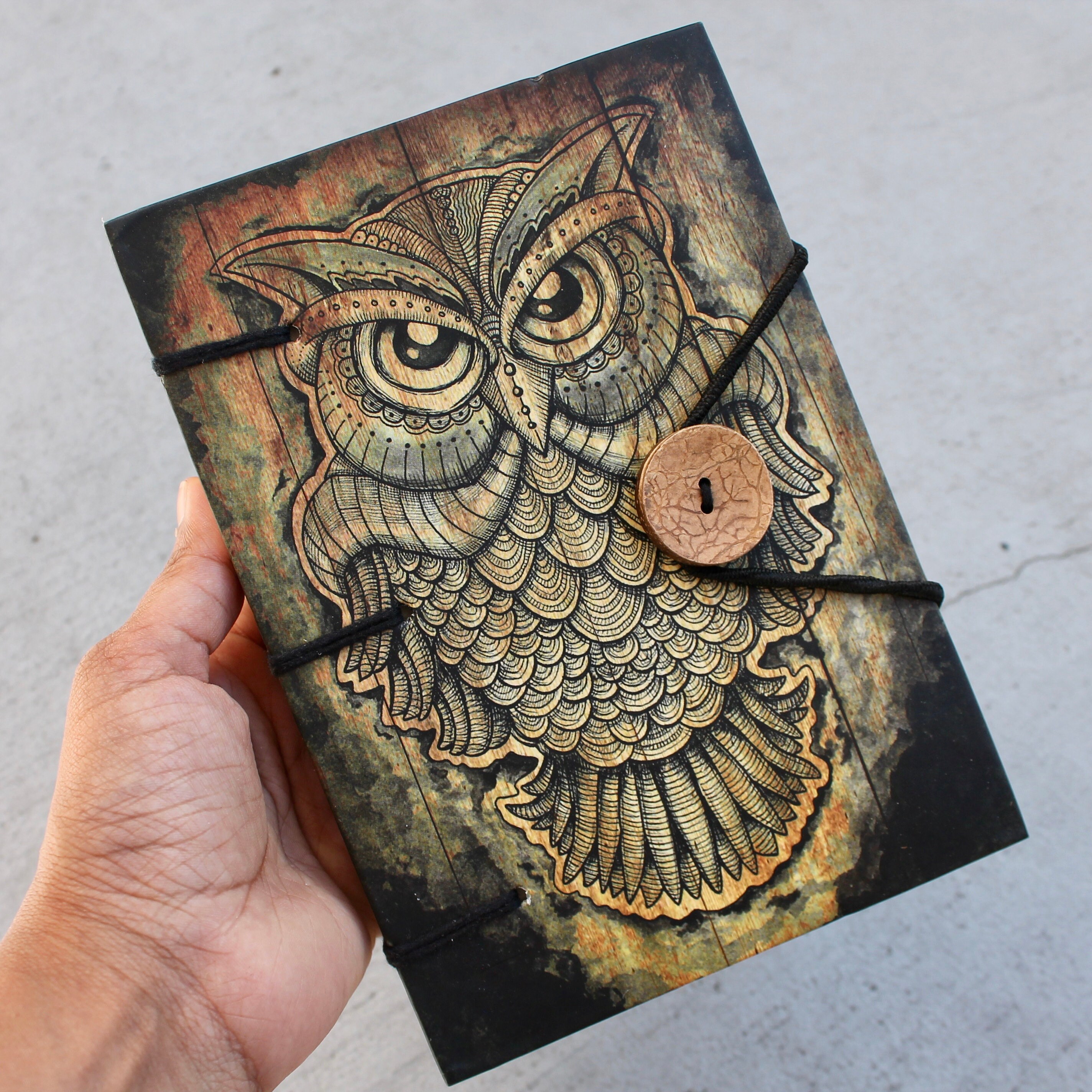 Handmade Hard Cover Owl Journal - Big Owls, Rope Closure Antique Style Ecofriendly Paper, Cabin Gues