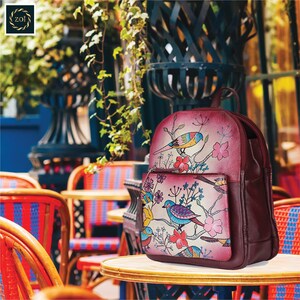 Mini Backpack Women, Leather backpack, Handpainted Soft Leather Bag, Small City Backpack, Bird Artwork, Weekender Bag, Luxury Unisex