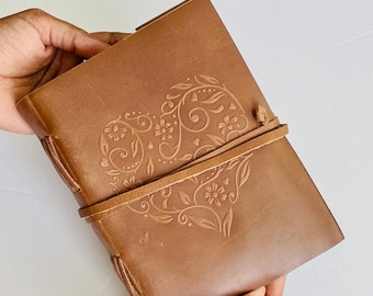 Embossed Leather Journal - Love Heart Design, Handmade, recycled Paper - Travel BackPack Journal