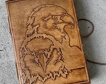 Large Leather Journal, Eagle/ Hawk Bird, Handmade / recycled Paper - Travel BackPack Journal