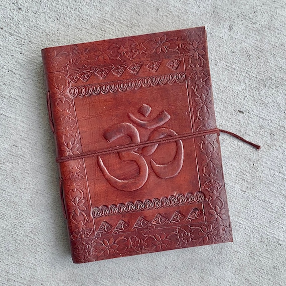Om Leather Journal Rope Closure Handmade recycled Cotton Paper, Antique Style Rugged Diary Yoga Meditation Gift, Prayer Journal Book