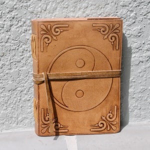 Yin Yang Leather Journal wiht Rope Closure Handmade / recycled Cotton Paper, Antique Style Rugged Diary Yoga Meditation Gift