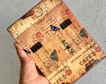 Vintage Paper Cover Travel Journal - Butterfly Prints Rustic Book, Handmade / recycled Paper - Fire Burnt Edges