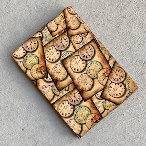 Vintage Paper Cover Travel Journal - Clocks Print Rustic Book, Handmade / recycled Paper - Fire Burnt Edges
