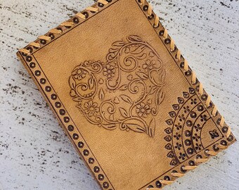 Embossed Leather Journal - Love Heart Design, Handmade, recycled Paper - Travel BackPack Journal