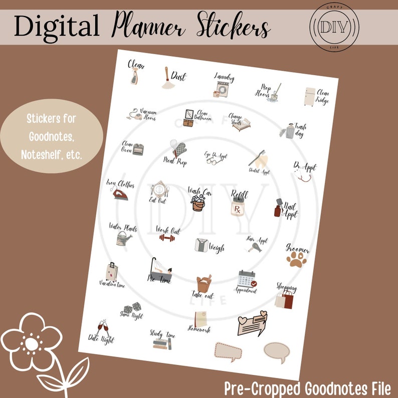 May include: A sheet of digital planner stickers with various icons and text labels for tasks like cleaning, laundry, and appointments. The stickers are designed for use with Goodnotes, Noteshelf, and similar digital planning apps. The text "Digital Planner Stickers" is at the top.