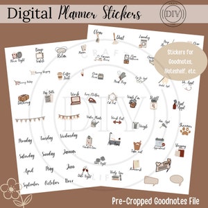 May include: Digital planner stickers with various illustrations for Goodnotes and Noteshelf. Includes icons for cleaning, laundry, shopping, work, and appointments. Also features calendar months and days of the week. Pre-cropped Goodnotes file.