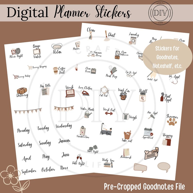 May include: Digital planner stickers with various illustrations for Goodnotes and Noteshelf. Includes icons for cleaning, laundry, shopping, work, and appointments. Also features calendar months and days of the week. Pre-cropped Goodnotes file.
