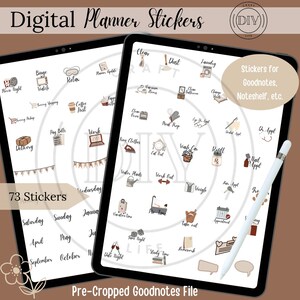 May include: Two digital tablets displaying digital planner stickers. The stickers include icons for various activities and tasks, such as cleaning, laundry, and appointments. The text on the screen reads "Digital Planner Stickers" and "73 Stickers". A stylus is also visible.