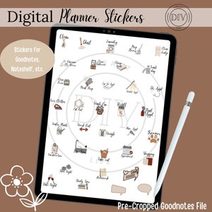 May include: A digital planner displayed on a tablet, featuring various stickers for Goodnotes and Noteshelf. The stickers include icons for cleaning, laundry, appointments, and more, with the text "Digital Planner Stickers."