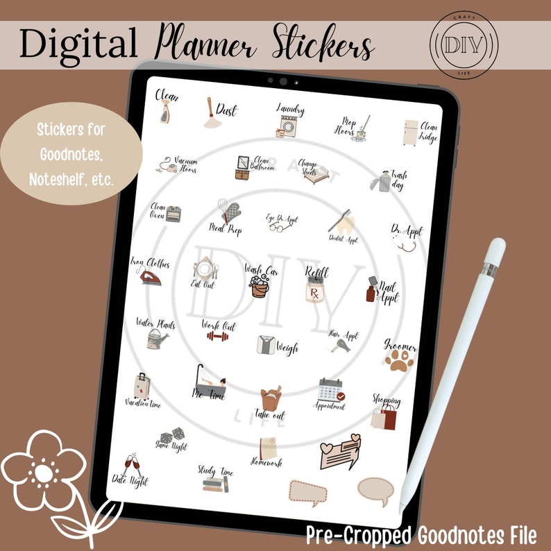 May include: A digital planner displayed on a tablet, featuring various stickers for Goodnotes and Noteshelf. The stickers include icons for cleaning, laundry, appointments, and more, with the text "Digital Planner Stickers."