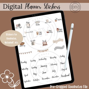 May include: Digital planner stickers displayed on a tablet, including icons for various activities and dates. The stickers are designed for Goodnotes, Noteshelf, and other digital planning apps. The image includes a stylus and text that reads "Digital Planner Stickers" and "Pre-Cropped Goodnotes File."