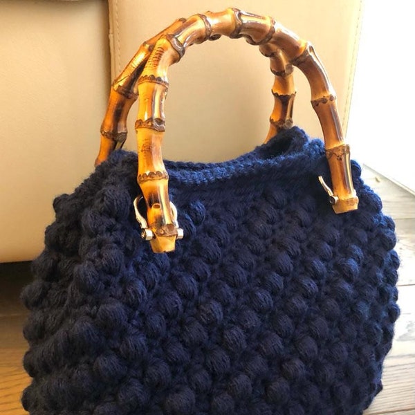 Handmade crochet wool bag with bamboo handles and leather base - Crochet bag