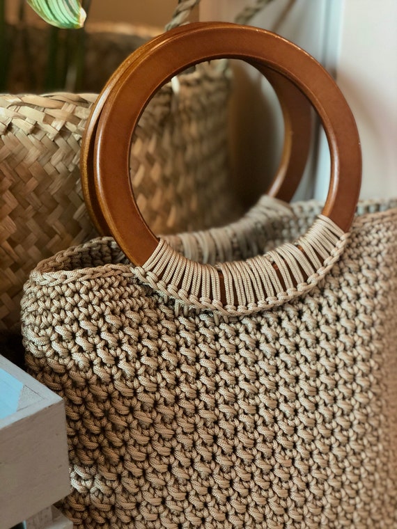 Handmade Crochet Bag with Wooden Handles - Crochet Bag