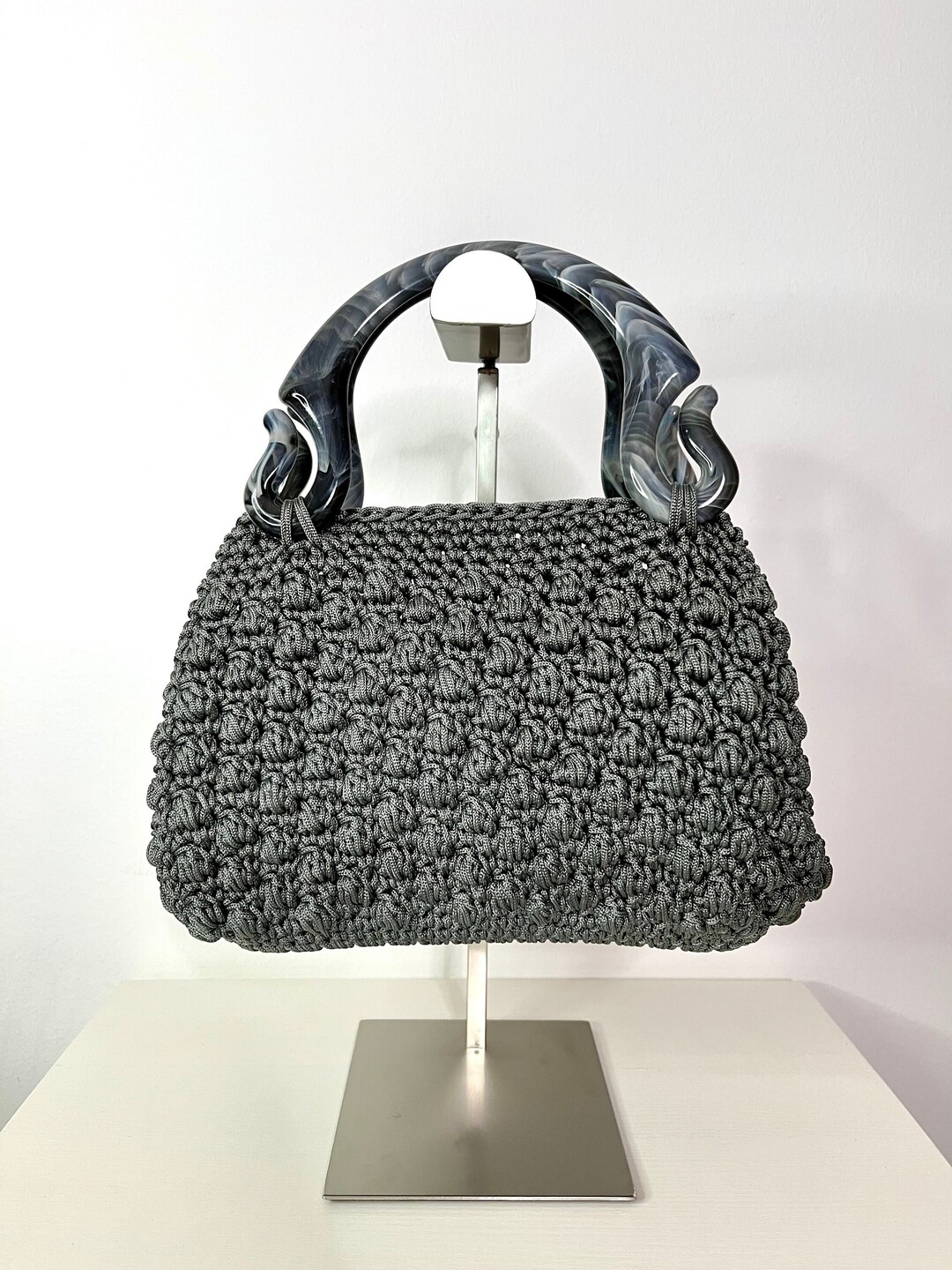 Handmade Crochet Bag With Leather Base and Resin Handles, Mini Version