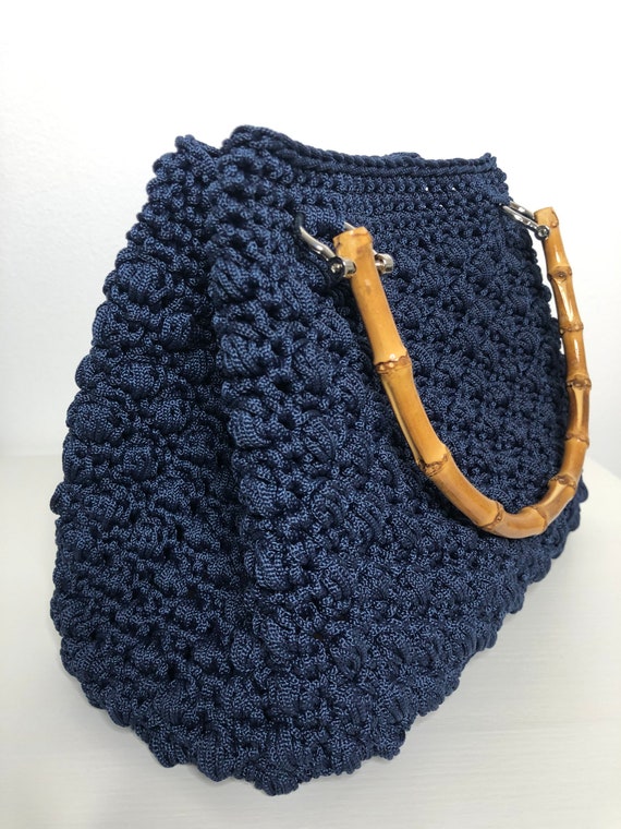 Handmade Crochet Bag in Swan Black 100% Polyester Drawstring With Bamboo  Handles and Leather Base Crochet Bag 