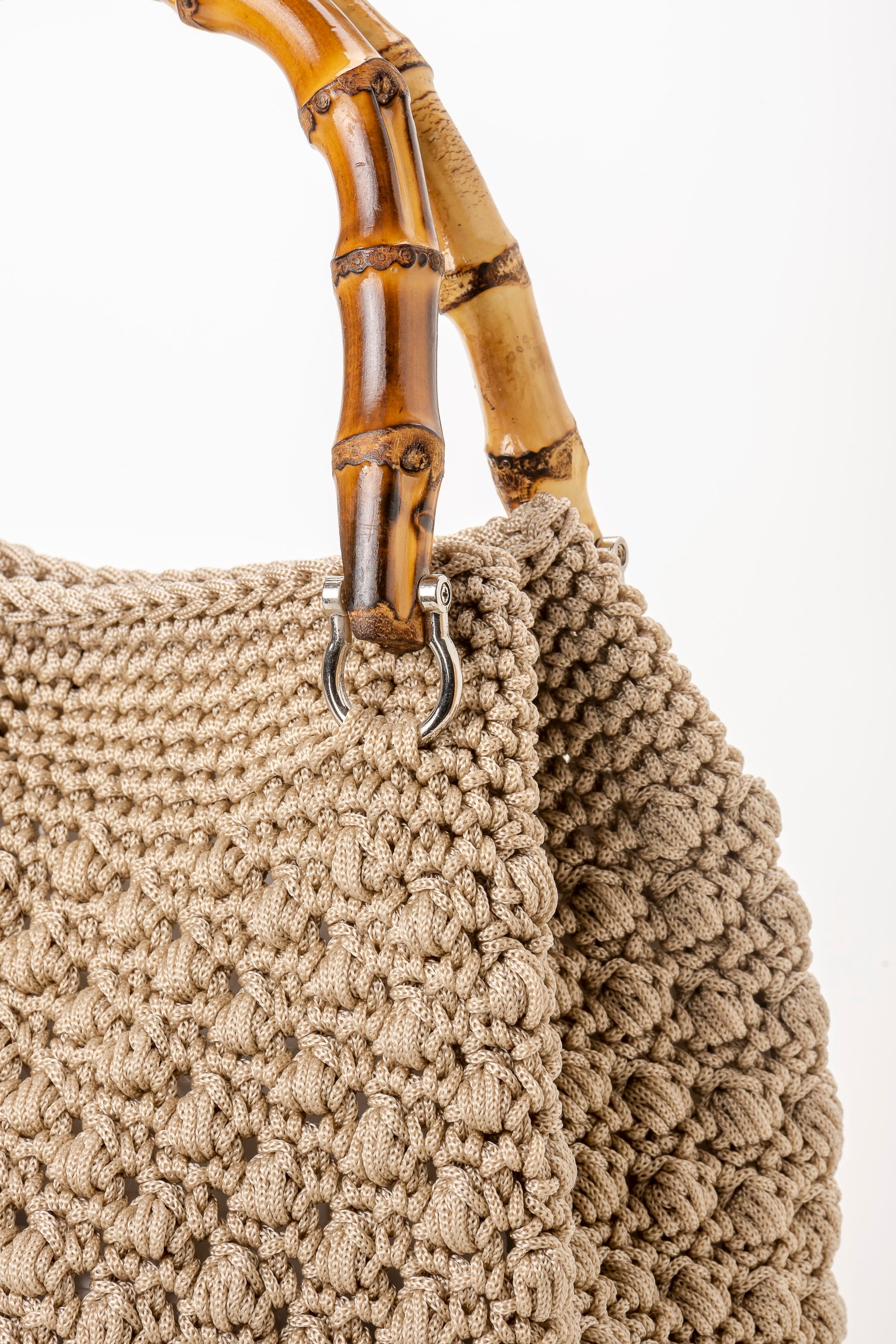 Handmade Crochet Bag Made of Cord With Leather Base and Bamboo