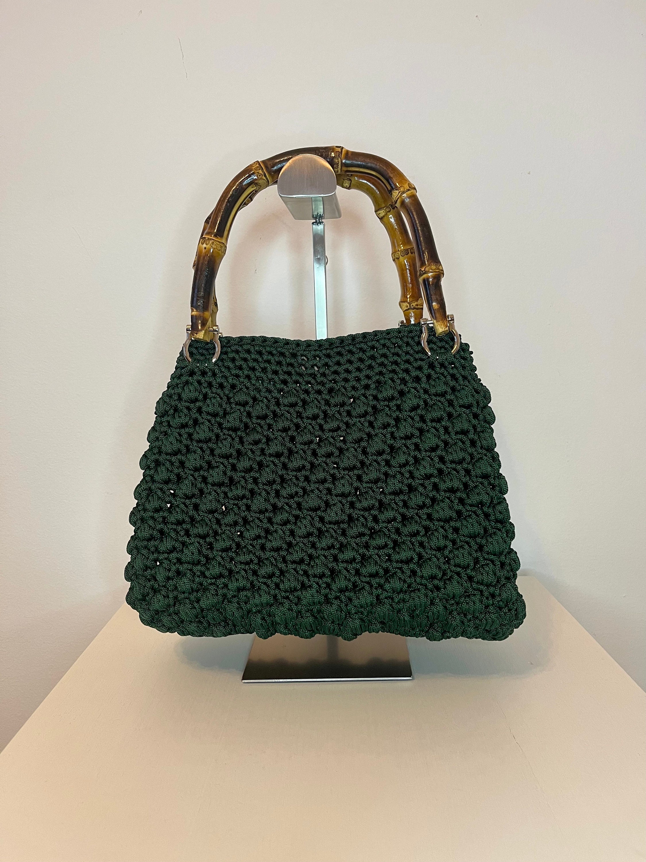 Handmade Crochet Bag in Swan Black 100% Polyester Drawstring With Bamboo  Handles. 