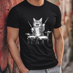 Rocker Gift Cat Drummer Shirt Rockstar Playing Drums T-Shirt for Musicians Music Lover Band Tee