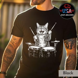 Rocker Gift Cat Drummer Band Shirt Rockstar Playing Drums T-Shirt for Musicians